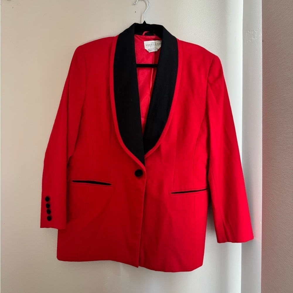 Vintage Wool Red Tuxedo Blazer Black Shawl Collar Statement Holiday Jacket